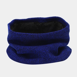 Detail of dark blue knit neck warmer showing thick faux fleece lining for winter warmth