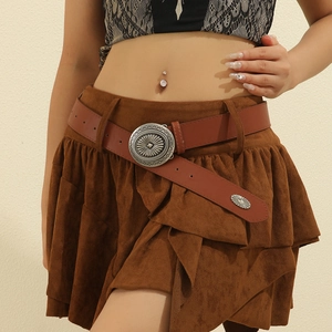 Women Vintage PU Leather Belt Large Sun Pattern Oval Alloy Buckle Western Cowboy Bohemian Style Decorative Waist Strap