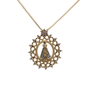 Golden necklace featuring a Madonna Aparecida pendant with blue details and white zircon stones