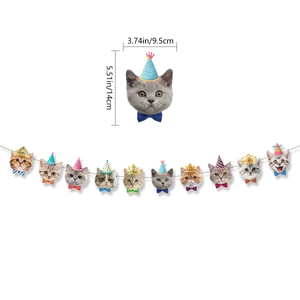Cat birthday banner set with 12 diverse kitty faces wearing colorful party hats and ties