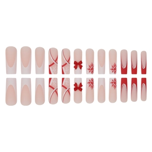 Faux ongles ballerine rouge Noël avec nœuds 3D et motifs flocons de neige