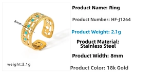 Detail of 18K gold plated stainless steel ring with blue star pattern and 8mm width info