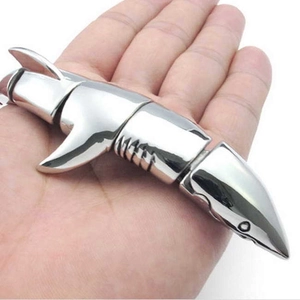 Movable silver shark joint ring in stainless steel punk style jewelry for men