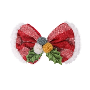Barrette de Noël scintillante avec bordure en peluche blanche et pompons colorés