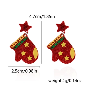 Detailed size view of red glitter Christmas glove earrings with dimensions and weight