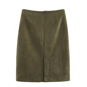Detail of army green suede midi skirt featuring back zipper and hem slit design