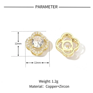 Detail view of 12mm gold clover pendant with cubic zirconia and dimensions data
