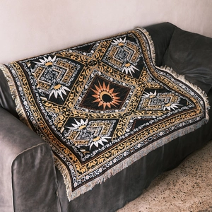 Bohemian sun and moon knit throw blanket with fringe for camping and sofa decor