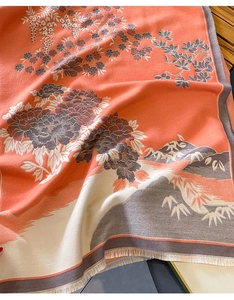Detailed close-up of landscape floral pattern on thick winter cashmere-like scarf