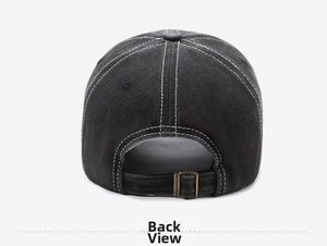 Back view of black baseball cap featuring adjustable metal buckle and contrast white stitching
