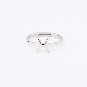 Macro detail of silver stainless steel adjustable ring with Pisces zodiac symbol