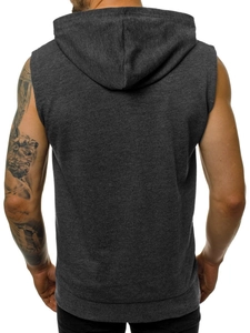 Detailansicht der Rückseite eines dunkelgrauen Herren-Kapuzen-Gym-Tops mit Strickstruktur