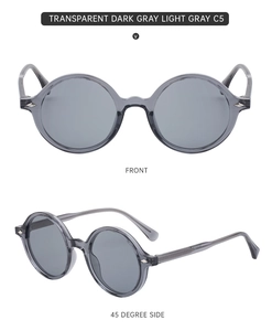 Front and side view of round sunglasses in transparent dark grey and light grey finish