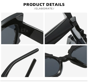 Detailed views of irregular wavy sunglasses showing hinge structure and nose pads