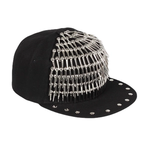 Black hip-hop baseball cap with silver metal studs and punk style rivets on front panel