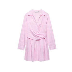 Pink Striped Shirt Dress Women Long Sleeve Lapel V Neck Crossover Waist Button Down Elegant Polyester Mini Dress