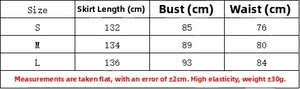 Detailed size chart for evening dress showing length, bust, and waist in centimeters