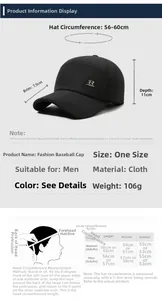 Size chart showing 56-60cm circumference for men's winter warm baseball cap with ear flaps