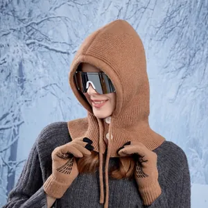 Winter knitted balaclava hood with drawstring and matching gloves in camel brown