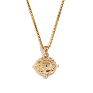 18K gold plated tarot evil eye necklace with solar rays and cubic zirconia stones
