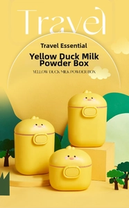 Three-piece set of duck-shaped milk powder dispensers in various sizes for travel