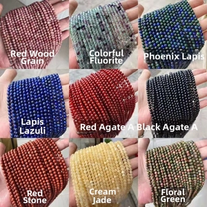 Detail of nine natural stone bead strands including lapis, agate, and turquoise for DIY