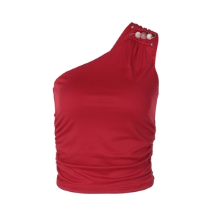 Top corto monospalla rosso chic con cinturino di perline e dettagli arricciati laterali