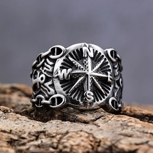 Vintage nautical compass and anchor stainless steel ring with oxidized silver finish