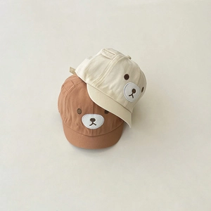 Toddler cotton baseball cap featuring cute bear embroidery in brown and beige colors