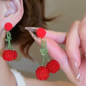 Handmade Beaded Cherry Drop Earrings With 925 Sterling Silver Earring Post Red Pom-pom Sweet Fresh Fruit Jewelry For Women