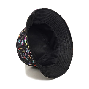 Black double-sided bucket hat with Happy New Year festive print for outdoor sun protection