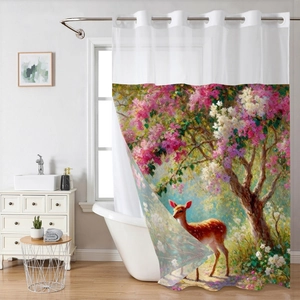 Detail of waffle weave shower curtain with reinforced metal grommets and deer floral print