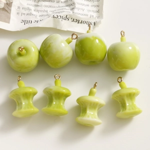 DIY resin green apple charms and bitten core pendants with golden loops for jewelry making