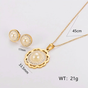 Elegant gold flower jewelry set with pearls and rhinestones, includes necklace and earrings