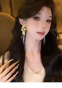 Close-up of elegant crystal butterfly flower tassel earrings worn by a model