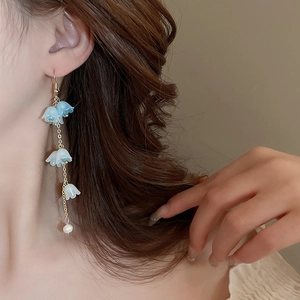 Détail de boucles d'oreilles muguet bleu clair avec perles sur le modèle