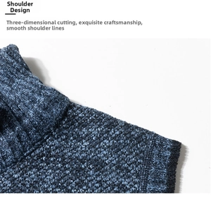 Detail of the shoulder seam on a blue knit vest showing precise stitching and fabric texture