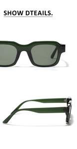 Detailed macro view of dark green square frame sunglasses with thick acetate temples