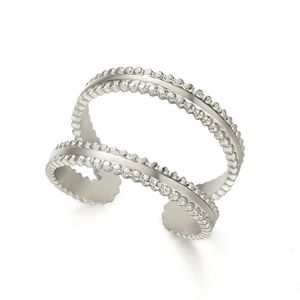 Unregelmäßiger geometrischer offener Ring für Damen in Silber mit Perlenrandstruktur