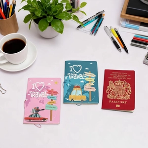 Three creative passport covers with travel illustrations and British coat of arms design
