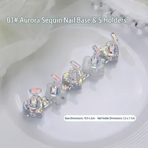 Macro detail of aurora sequin resin nail art display stand with magnetic tips and base