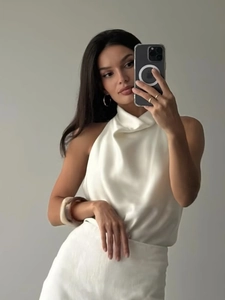 Débardeur Dos Nu Satin Femme Sans Manches Dos Ouvert Été Couleur Unie Élégant Streetwear Mode Blouse