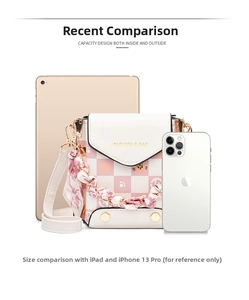 Detailed size comparison of pink checkered mobile phone bag with iPad and smartphone