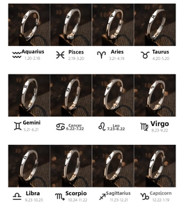Macro display of twelve minimalist zodiac S925 sterling silver rings with astrological symbols