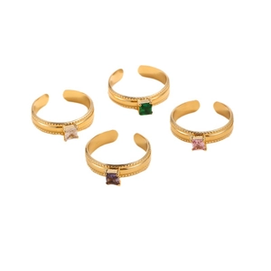 Set of 18k gold plated stainless steel open rings with colorful square zircon stones