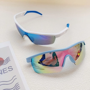 Kids sports cycling sunglasses in white and light blue frames with reflective lenses
