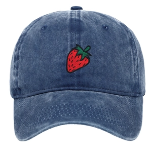 Washed blue cotton baseball cap featuring a detailed red strawberry embroidery on the front