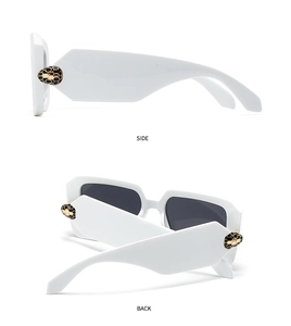Detailed side and back view of white baroque sunglasses with golden scale accents