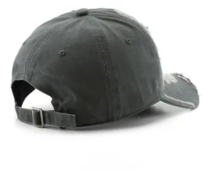 Detail view of charcoal grey distressed baseball cap with metal buckle and frayed edges