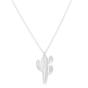 Detailed view of a silver hollow cactus pendant on a classic cross chain link
